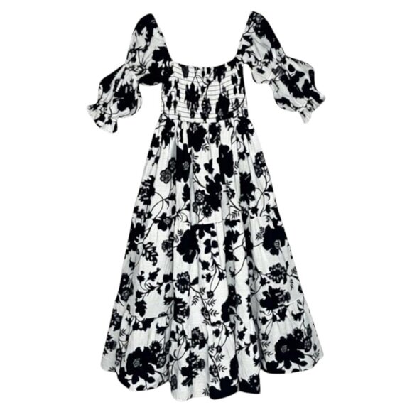 MISA Los Angeles Margarita Dress Black White Floral Smocked Puff Sleeve Midi M - Picture 7 of 10